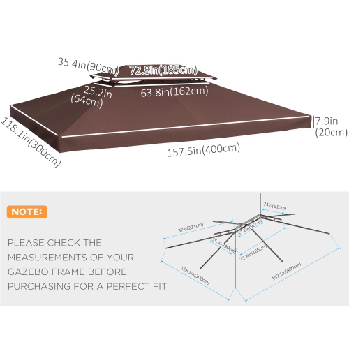Outsunny 13.1' x 9.8' Gazebo Replacement Canopy, 2 Tier Top Roof Garden Pavilion UV Cover, Brown
