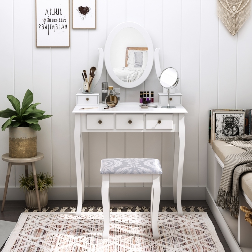 HOMCOM Vanity Desk with Stool, Makeup Vanity with 360° Rotating Oval Mirror, 5 Drawers and Padded Seat, Dressing Table for Bedroom, White