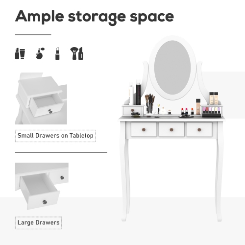 HOMCOM Vanity Desk with Stool, Makeup Vanity with 360° Rotating Oval Mirror, 5 Drawers and Padded Seat, Dressing Table for Bedroom, White
