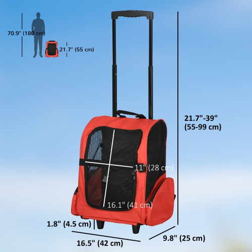 PawHut 2-IN-1 Pet Luggage Box Backpack Carrier Cats Dogs w/ Handle, Rolling Wheel Red