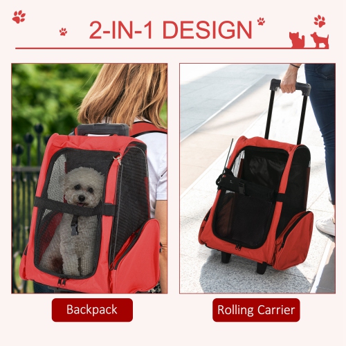 PawHut 2-IN-1 Pet Luggage Box Backpack Carrier Cats Dogs w/ Handle, Rolling Wheel Red