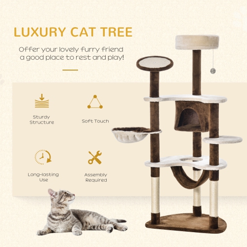PawHut 60 Inch Cat Tree for Large Cats Adult, Tall Cat Tower with Scratching Posts and 2 Hammocks, Multi-Level Plush Kitten Condo for Indoor Cats