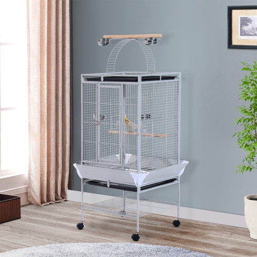 PawHut 64 Inch Bird Cage Parrot Parakeet House for Cockatiel with Stand, Pull Out Tray, Play Top, Storage Shelf, Wood Perch, Food Container, Silver
