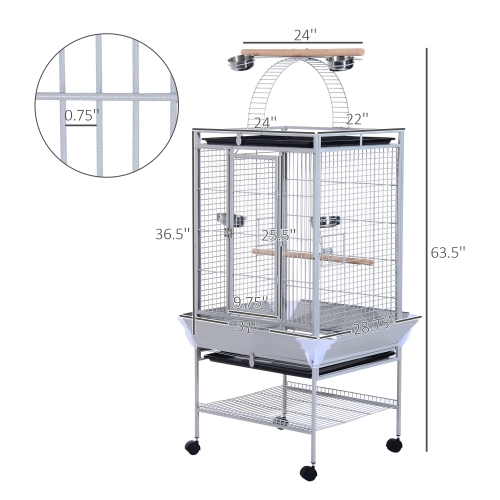 PawHut 64 Inch Bird Cage Parrot Parakeet House for Cockatiel with Stand, Pull Out Tray, Play Top, Storage Shelf, Wood Perch, Food Container, Silver