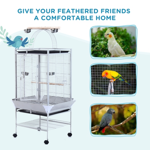 PawHut 64 Inch Bird Cage Parrot Parakeet House for Cockatiel with Stand, Pull Out Tray, Play Top, Storage Shelf, Wood Perch, Food Container, Silver