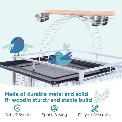 PawHut 64 Inch Bird Cage Parrot Parakeet House for Cockatiel with Stand, Pull Out Tray, Play Top, Storage Shelf, Wood Perch, Food Container, Silver