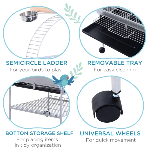 PawHut 64 Inch Bird Cage Parrot Parakeet House for Cockatiel with Stand, Pull Out Tray, Play Top, Storage Shelf, Wood Perch, Food Container, Silver