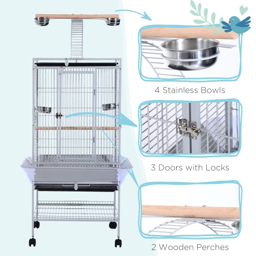 PawHut 64 Inch Bird Cage Parrot Parakeet House for Cockatiel with Stand, Pull Out Tray, Play Top, Storage Shelf, Wood Perch, Food Container, Silver