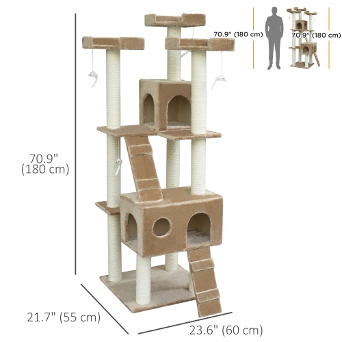 PawHut Cat Tree for Large Cats Adult, 70.5" Cat Tower, Multilevel Cat Furniture Activity Center with Cat Scratching Posts, Cat Condo, Ramps, Dangling