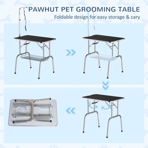 PawHut 36" Dog Grooming Table with Adjustable Grooming Arm, Pet Grooming Table for Dogs with Storage Shelf, Foldable Design, Black