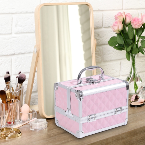 HOMCOM 3 Tier Diamond Texture Makeup Train Case, Cosmetic Organizer with Mirror, 8"x6"x6", Pink
