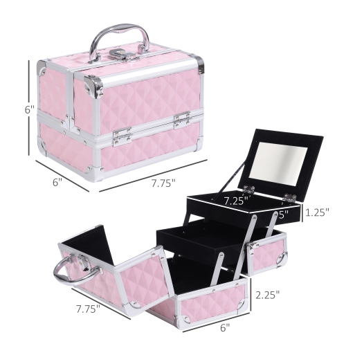 HOMCOM 3 Tier Diamond Texture Makeup Train Case, Cosmetic Organizer with Mirror, 8"x6"x6", Pink