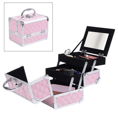 HOMCOM 3 Tier Diamond Texture Makeup Train Case, Cosmetic Organizer with Mirror, 8"x6"x6", Pink