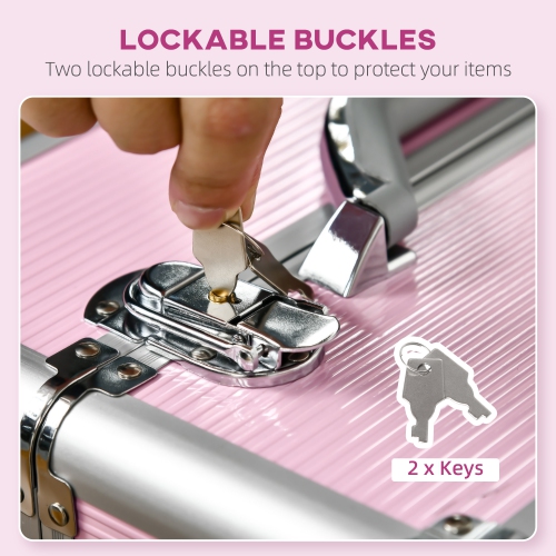 HOMCOM Rolling Makeup Train Case, Large Storage Cosmetic Trolley, Lockable Traveling Cart Trunk with Folding Trays, Swivel Wheels and Keys, Pink