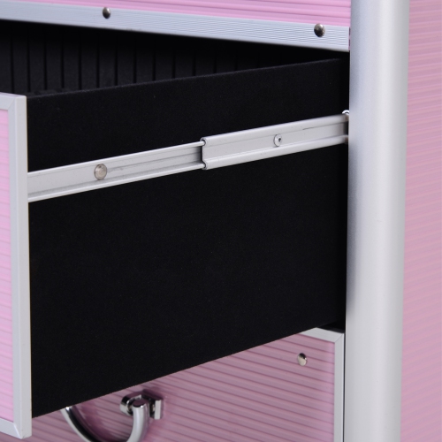 HOMCOM Rolling Makeup Train Case, Large Storage Cosmetic Trolley, Lockable Traveling Cart Trunk with Folding Trays, Swivel Wheels and Keys, Pink