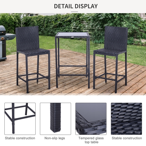 Outsunny 3 Pieces Wicker Patio Bar Set, PE Rattan Outdoor Bar Set with Glass Top High Table, 2 High Backrest Chairs with Footstool for Backyard,