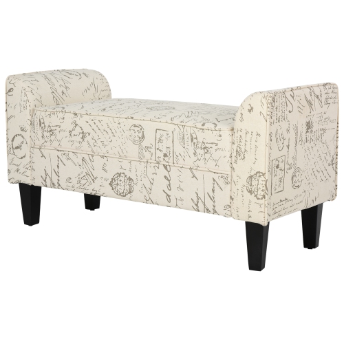 HOMCOM Entryway Shoe Bench, Linen Upholstered Bedroom Bench with Arms, Signature Print and Wooden Legs, Beige