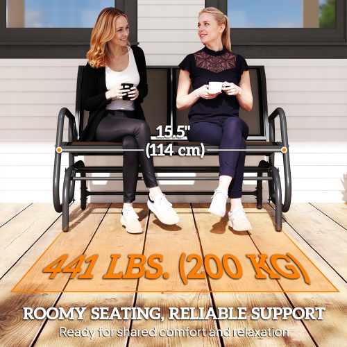 Fauteuil coulissant extérieur double coulissant en tissu et en toile Outsunny patio fauteuil berçant de jardin robuste cuir de Porch, noir