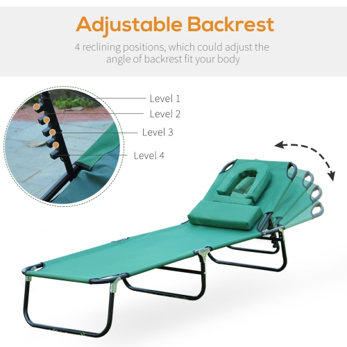Outsunny Folding Outdoor Lounge Chair, Portable Reclining Beach Lounger with Face Hole, Detachable Pillow, 3-Position Adjustable Backrest, For Patio,
