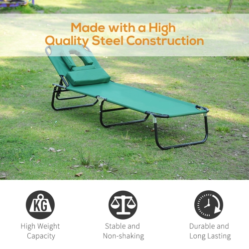 Outsunny Folding Outdoor Lounge Chair, Portable Reclining Beach Lounger with Face Hole, Detachable Pillow, 3-Position Adjustable Backrest, For Patio,