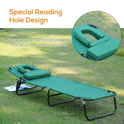 Outsunny Folding Outdoor Lounge Chair, Portable Reclining Beach Lounger with Face Hole, Detachable Pillow, 3-Position Adjustable Backrest, For Patio,
