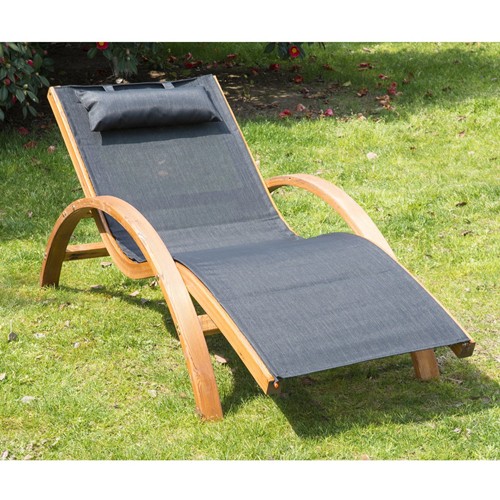 Outsunny Outdoor Wood Chaise Lounge Chair Recliner Patio Camping with Headrest Teak & Black