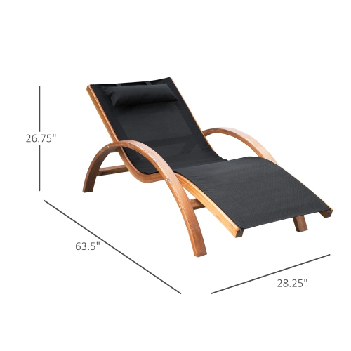 Outsunny Outdoor Lounge Chair, Patio Tanning Chair with Headrest, Garden Sun Lounger Recliner with Wood Frame, Texteline, Black