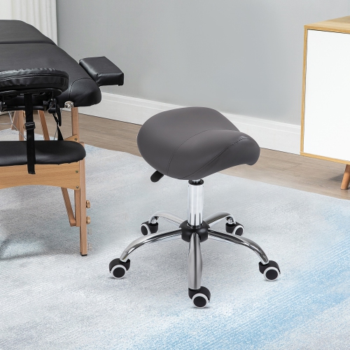 HOMCOM Cosmetic Stool 360° Rotate Height Adjustable Salon Massage Spa Chair Hydraulic Rolling Faux Leather Saddle Stool Mobility, Grey