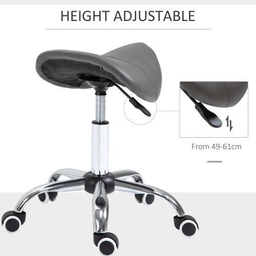 HOMCOM Cosmetic Stool 360° Rotate Height Adjustable Salon Massage Spa Chair Hydraulic Rolling Faux Leather Saddle Stool Mobility, Grey