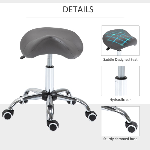 HOMCOM Cosmetic Stool 360° Rotate Height Adjustable Salon Massage Spa Chair Hydraulic Rolling Faux Leather Saddle Stool Mobility, Grey