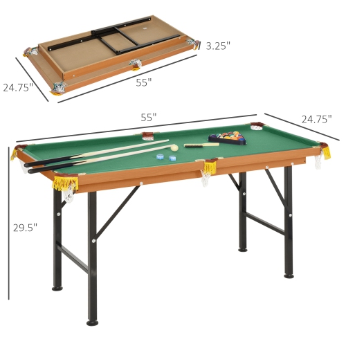 Soozier 55" Portable Mini Billiard Table Free Standing Foldable with All Accessories Home Pool Game Table Includes Cues, Ball, Chalk, Rack, Green