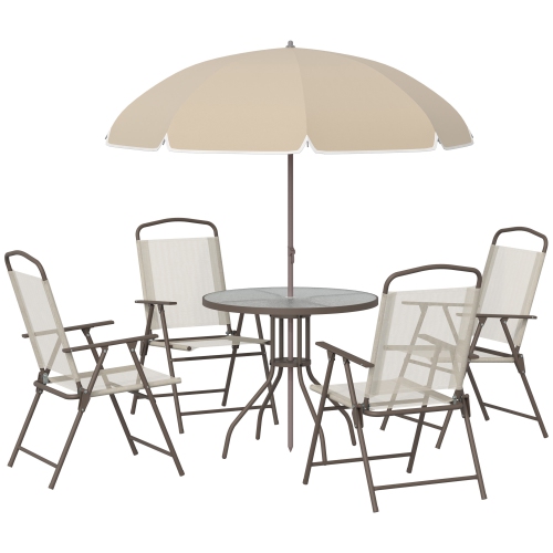 Ensemble patio de 6 pièces avec parasol, ensemble de meubles d'extérieur avec table ronde et 4 chaises pliantes pour jardin, pelouse, terrasse, blanc