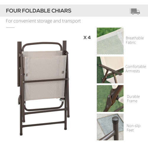 Outsunny 6 Pieces Patio Dining Set with Umbrella, Outdoor Furniture Set with Round Table and 4 Folding Chairs for Garden, Lawn, Deck, Cream-white