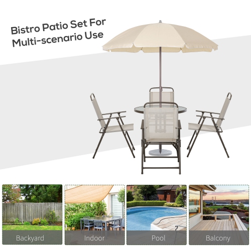 Outsunny 6 Pieces Patio Dining Set with Umbrella, Outdoor Furniture Set with Round Table and 4 Folding Chairs for Garden, Lawn, Deck, Cream-white