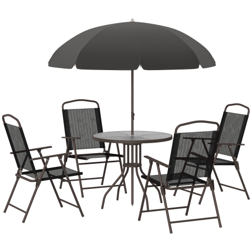 Ensemble patio de 6 pièces avec parasol, ensemble de meubles d'extérieur avec table ronde et 4 chaises pliantes pour jardin, pelouse, terrasse, noir