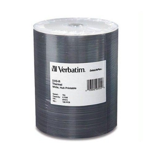 Verbatim DVD-R 4.7GB 16X DataLifePlus White Thermal Printable, Hub Printable - 100Pk Tape Wrap