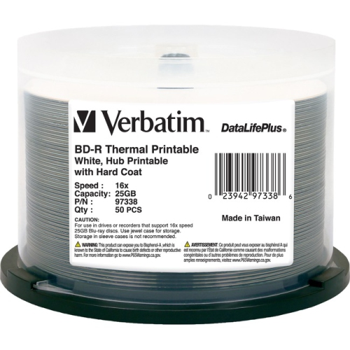 Verbatim BD-R 25GB 6X DataLifePlus White Thermal Printable, Hub Printable - 50pk Spindle