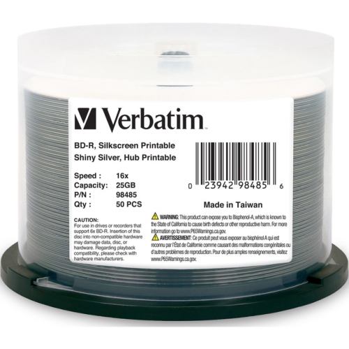 Verbatim BD-R 25GB 6X Shiny Silver Silk Screen Printable, Hub Printable - 50pk Spindle