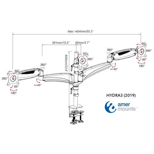 Amer Mounts Gas Spring Loaded Articulating Triple Arm Mount For 15"-28" LED LCD Monitors - Clamp and Grommet Base - HYDRA3