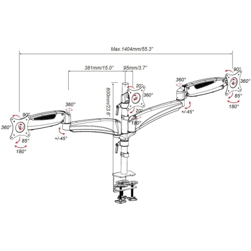 Amer Mounts Gas Spring Loaded Articulating Triple Arm Mount For 15"-28" LED LCD Monitors - Clamp and Grommet Base - HYDRA3