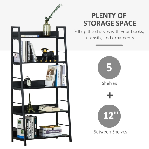 HOMCOM Modern Bookshelf Storage with 5-Tier Wide Shelving, Metal Frame, Wooden Bookcase for Living Room Library Home Furniture, Black
