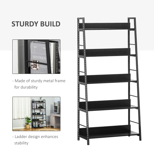 HOMCOM Modern Bookshelf Storage with 5-Tier Wide Shelving, Metal Frame, Wooden Bookcase for Living Room Library Home Furniture, Black