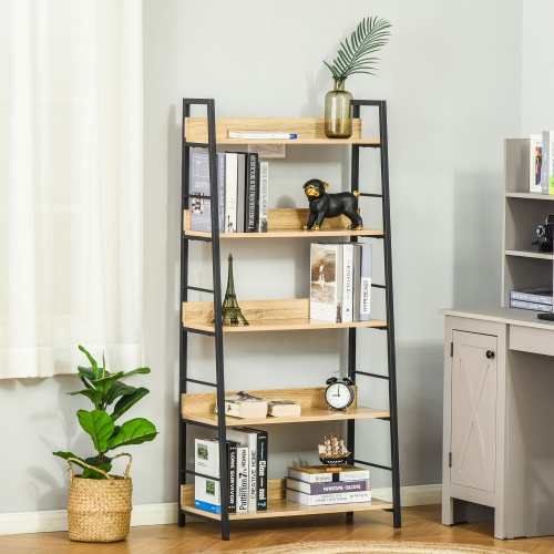 HOMCOM Modern Bookshelf Storage with 5-Tier Wide Shelving, Metal Frame, Wooden Bookcase for Living Room Library Home Furniture, Oak