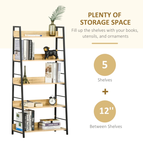 HOMCOM Modern Bookshelf Storage with 5-Tier Wide Shelving, Metal Frame, Wooden Bookcase for Living Room Library Home Furniture, Oak