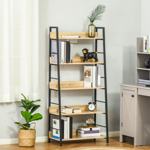 HOMCOM Modern Bookshelf Storage with 5-Tier Wide Shelving, Metal Frame, Wooden Bookcase for Living Room Library Home Furniture, Oak