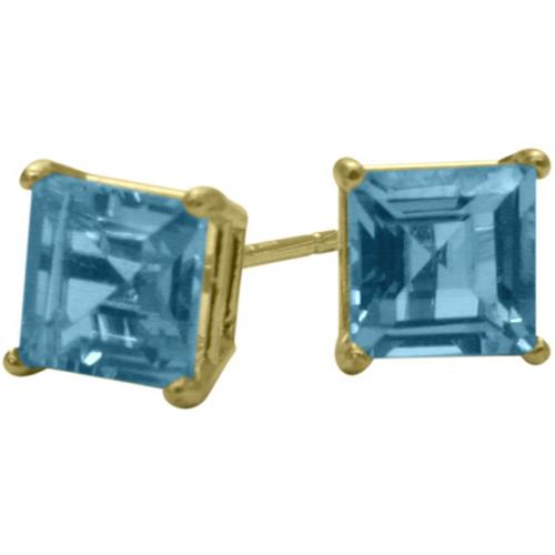 1.55Ct. Genuine 5mm Square Princess Cut Blue Topaz 14 Karat Yellow Gold Stud Earrings