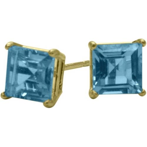 0.50Ct. Genuine 4mm Square Princess Blue Topaz 14 Karat Yellow Gold Stud Earrings