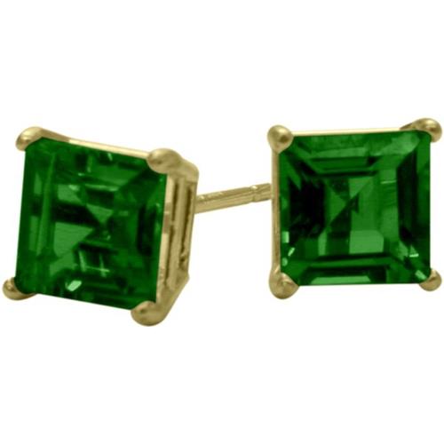 1.10Ct. Created 5mm Square Princess Cut Emerald 14 Karat Yellow Gold Stud Earrings