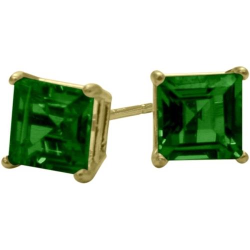 0.65Ct. Created 4mm Square Princess Emerald 14 Karat Yellow Gold Stud Earrings