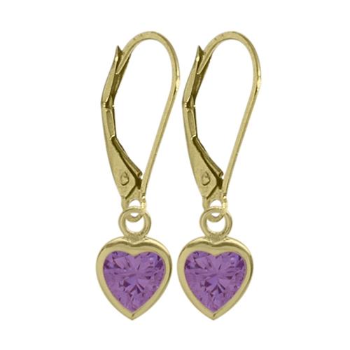 February 1.40 Carat Genuine Amethyst Yellow 14 Karat Gold Heart Leverback Earrings